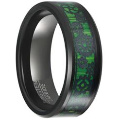 COI Black Tungsten Carbide Gears Beveled Edges Ring With Green Carbon Fiber-5649