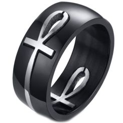 COI Titanium Black Silver/Gold Tone Cross Dome Court Ring-5773