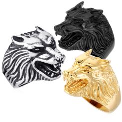 COI Titanium Black/Gold Tone/Silver Wolf Ring-5775