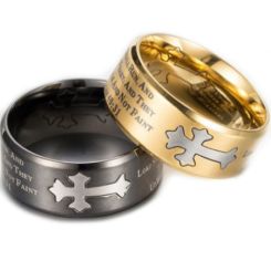 *COI Titanium Black/Gold Tone Silver Cross Scripture Beveled Edges Ring-5889