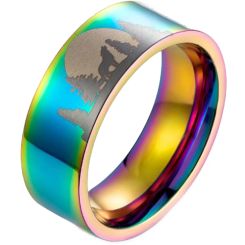 *COI Titanium Blue/Silver/Rainbow Color Wolf Pine Tree Pipe Cut Flat Ring-5988