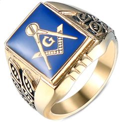*COI Titanium Black Blue Gold Tone Masonic Freemason Ring-5995