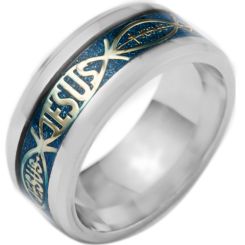 *COI Titanium Jesus Blue/Gold Tone Meteorite Beveled Edges Ring-6839