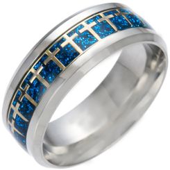 *COI Titanium Cross Blue/Silver/Gold Tone Meteorite Beveled Edges Ring-6849