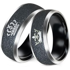 *COI Titanium Black Silver King Queen Crown Sandblasted Beveled Edges Ring-6880AA