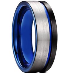 *COI Titanium Black Blue Offset Grooves Pipe Cut Flat Ring-6904BB
