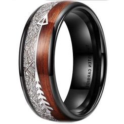 **COI Black Tungsten Carbide Meteorite & Wood Ring With Arrows-6997BB