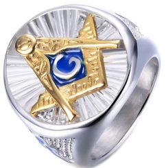 **COI Titanium Gold Tone Blue Masonic Freemason Ring-7024BB