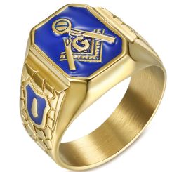 **COI Titanium Gold Tone Blue Masonic Freemason Ring-7028BB