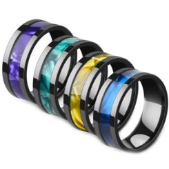 **COI Black Titanium Pipe Cut Flat Ring With Yellow/Blue/Green/Purple Abalone Shell-7074BB