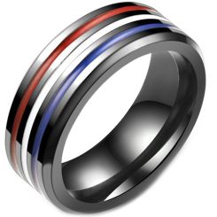 **COI Black Titanium Beveled Edges Ring With Blue Red White Resin-7080BB