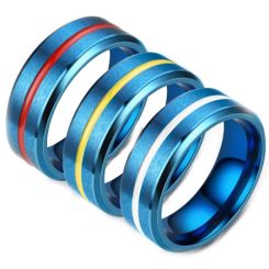 **COI Blue Titanium Red/White/Yellow Center Groove Beveled Edges Ring-7081BB