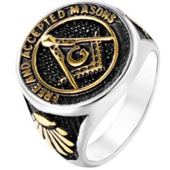 **COI Titanium Gold Tone Black Silver Masonic Freemason Ring-7091CC