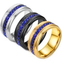 **COI Black/Gold Tone/Silver Titanium Step Edges Ring With Created Blue Sapphire-7131BB