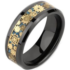 **COI Black Titanium Gold Tone Gears Beveled Edges Ring-7163CC