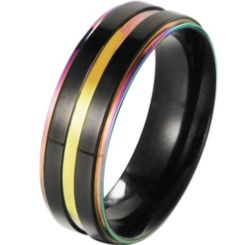 **COI Titanium Black Gold Tone Rainbow Color Step Edges Ring-7174CC