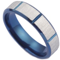 **COI Titanium Blue Silver Grooves Beveled Edges Ring-7193BB