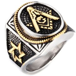 **COI Titanium Black Gold Tone Silver Masonic Freemason Ring-7198BB