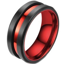 **COI Titanium Black Red Center Groove Beveled Edges Ring-7222BB