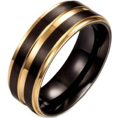 **COI Titanium Black Gold Tone Center Groove Step Edges Ring-7261BB