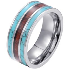 **COI Titanium Pipe Cut Flat Ring With Turquoise and Wood-7272BB