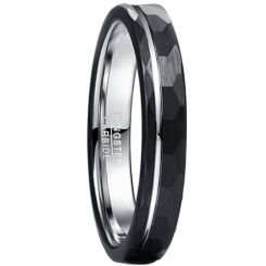 **COI Tungsten Carbide Black Silver Offset Groove Hammered Ring-7283BB