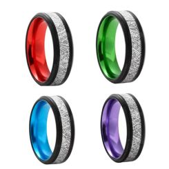 **COI Titanium Black Red/Blue/Green/Purple Beveled Edges Ring With Meteorite-7330AA