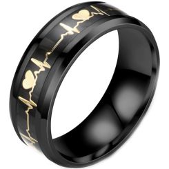 **COI Titanium Black Gold Tone Heartbeat & Heart Beveled Edges Ring-7351AA