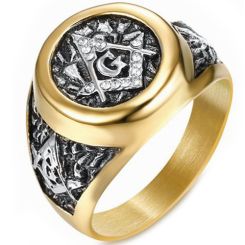 **COI Titanium Black Gold Tone Masonic Freemason Ring-7358BB
