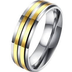 **COI Titanium Gold Tone Silver Center Groove Step Edges Ring-7372AA