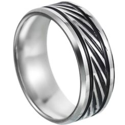 **COI Titanium Black Silver Grooves Beveled Edges Ring-7408AA