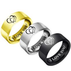 **COI Tungsten Carbide Black/Gold Tone/Silver Double Hearts Pipe Cut Flat Ring-7490BB