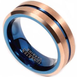 **COI Tungsten Carbide Rose Blue Center Groove Beveled Edges Ring-7493AA