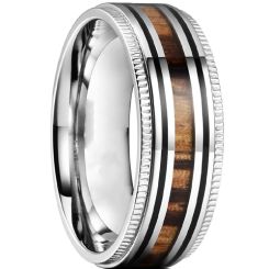 **COI Titanium Black Silver Milgrain Step Edges Ring With Wood-7524AA