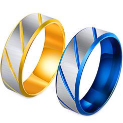 **COI Titanium Gold Tone/Blue Silver Diagonal Grooves Beveled Edges Ring-7543AA