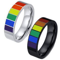 **COI Titanium Black/Silver Rainbow Color Pipe Cut Flat Ring-7549AA