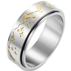 **COI Titanium Gold Tone Silver Step Edges Ring With Cubic Zirconia-7603AA