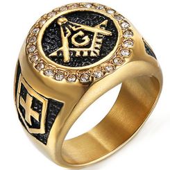 **COI Titanium Gold Tone Black Masonic Freemason Ring With Cubic Zirconia-7607AA