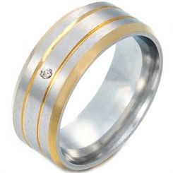 **COI Titanium Gold Tone Silver Double Grooves Beveled Edges Ring With Cubic Zirconia-7621AA