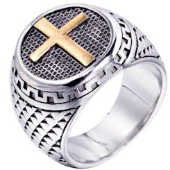 **COI Titanium Silver/Gold Tone Silver Cross Ring-7628AA