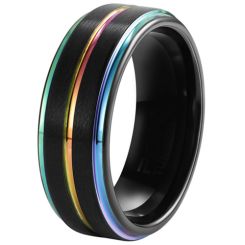 **COI Black Tungsten Carbide Rainbow Pride Step Edges Ring-7658AA