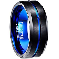 **COI Tungsten Carbide Black Blue Center Groove Beveled Edges Ring-7666AA