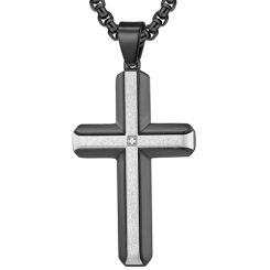 COI Titanium Silver/Black Silver/Gold Tone Silver Cross Pendant With Cubic Zirconia-7680AA