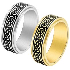 **COI Titanium Gold Tone/Silver Black Celtic Step Edges Ring-7754AA