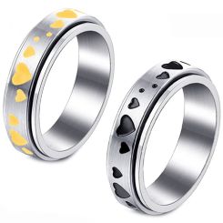 **COI Titanium Black/Gold Tone Silver Hearts Step Edges Ring-7761AA