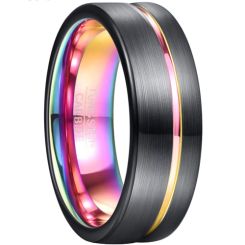 **COI Black Tungsten Carbide Rainbow Pride Offset Groove Ring-7807AA