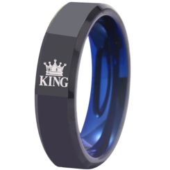 **COI Tungsten Carbide Black Blue King Queen Crown Beveled Edges Ring-7808AA