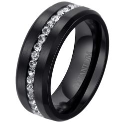 **COI Black Titanium Beveled Edges Ring With Black/White Cubic Zirconia-7849AA