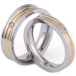 **COI Titanium Gold Tone Silver Grooves Ring With Cubic Zirconia-7855AA