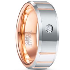 **COI Tungsten Carbide Rose Silver Grooves Beveled Edges Ring With Cubic Zirconia-7866AA